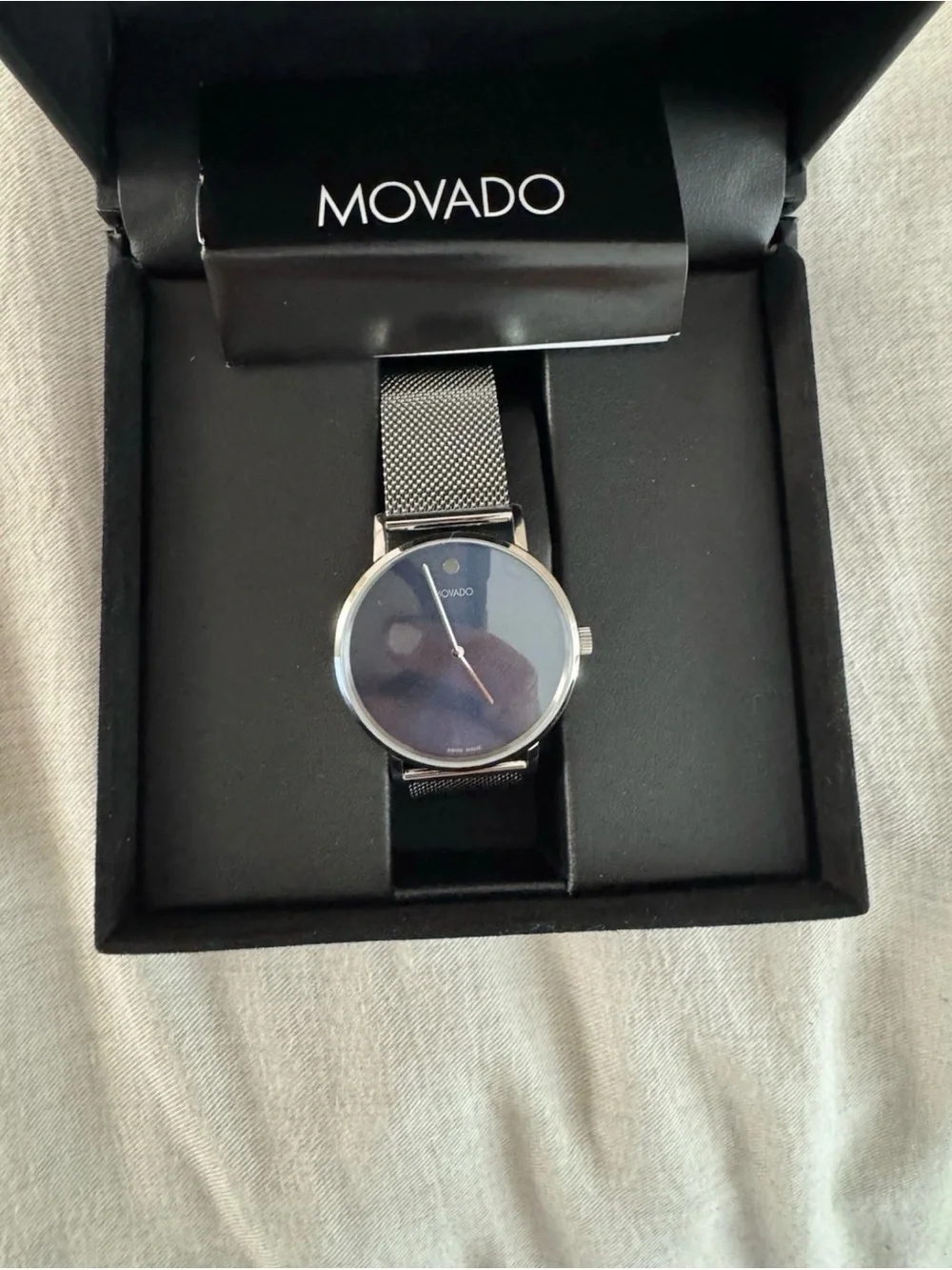 Movado Men's Black Dial Silver Case Mesh Strap Watch